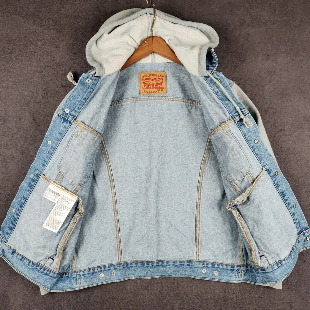 Levis Hybrid Hoodie Trucker Jacket Mens‎ Medium Blue Denim Grey Jersey Sleeves - Picture 4 of 13